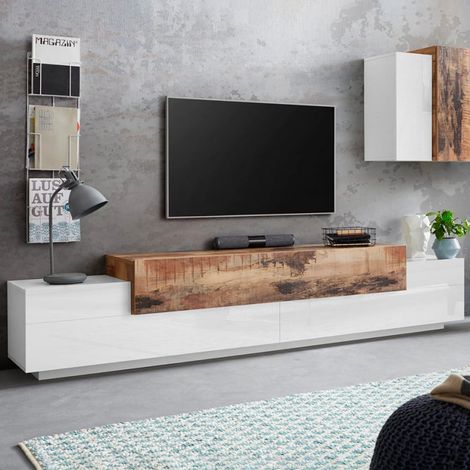 Mueble de TV diseño 240 cm 4 compartimentos 3 puertas blanco y madera Corona Low Maple (1/5)