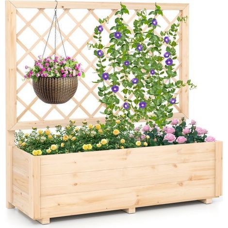 Bac de culture surélevé en pin naturel avec treillis losangé, carré potager en bois pour plantes grimpantes, fleurs et aromates, disponible en 2 tailles (1/4)