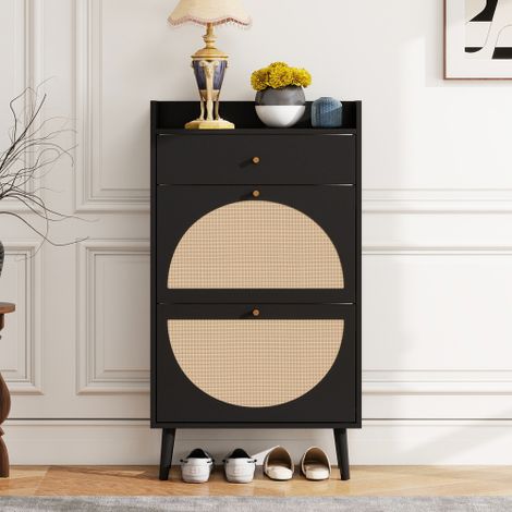 Armoire à chaussures noire en rotin avec 2 portes coulissantes et 1 tiroir, 60 cm, 2 étagères réglables, sans dos, idéale pour entrée ou couloir