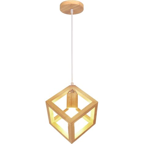 Suspension Luminaire en Bois et Métal Moderne Lustre Forme Cube Lampe de Plafond de Design Géométrique Rétro E27 Plafonnier pour Chambre Salon Restaurant - 16CM, Bois Naturel (1/5)
