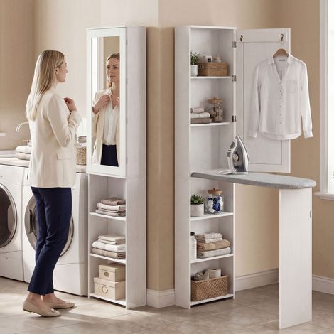 Étagère pliante à planche à repasser avec porte étagères intérieures Miroir Table à repasser pour ménager de l‘espace 106x35x174 cm Blanc