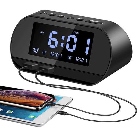 [MAI UTILIZZATO]Radiosveglia, orologio digitale con radio FM, due porte di ricarica USB, due sveglie, funzione snooze, luminosità regolabile, termometro, 12/24 ore, batteria interna (1/4)