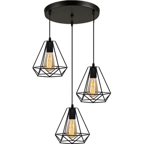 3 Luci Lampadario Industriale E27 40W Ø20cm Gabbia di Forma di Diamante Stile Vintage Illuminazione Nero