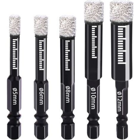 Set mit 5 Diamantbohrern mit Sechskantschaft: 5 mm, 6 mm, 8 mm, 10 mm, 12 mm, für Keramik, Granit, Glas, Porzellan, Fliesen, Winkelschleifer und Handbohrmaschine