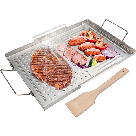 Plancha de barbacoa antiadherente de acero inoxidable, parrilla portátil para acampar con asa, utensilios para barbacoa, espátula de madera para carnes, pescados, verduras, filetes y mariscos. (1/5)