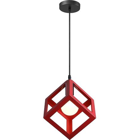 Suspension moderne en forme de cube, lustre géométrique en métal, culot E27, rouge, idéale pour chambre, salon ou restaurant. (1/4)