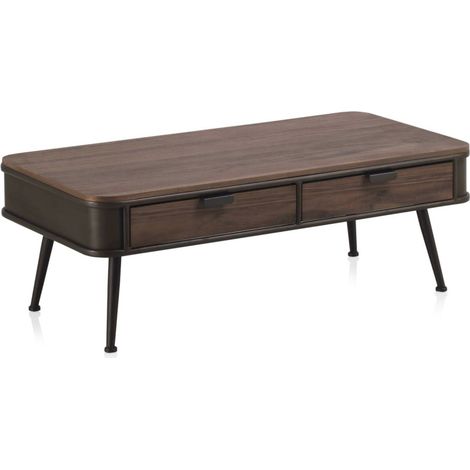 Table basse métal bois avec deux tiroirs élégants - bois foncé et métal gris (1/4)