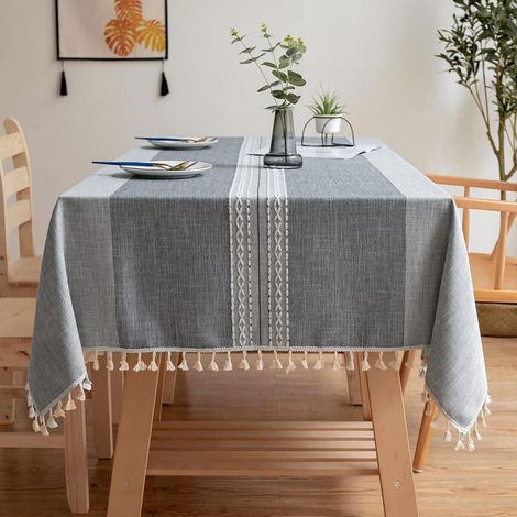 Abwischbare Tischdecke Baumwoll-Leinen mit Quastenrand 140x220 cm Grau