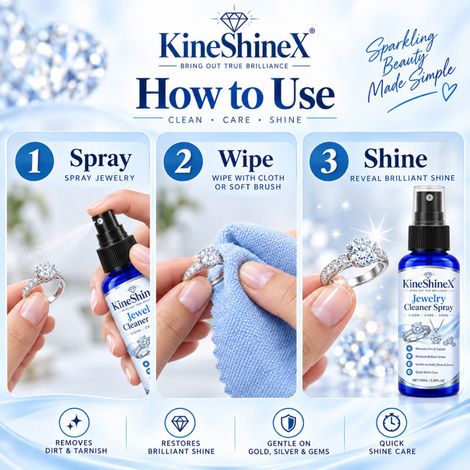 KineShineX Schmuckreinigungsspray entfernt Flecken und Mattheit und stellt schnell den Glanz und die Leuchtkraft von Schmuckstücken wieder her. (1/5)