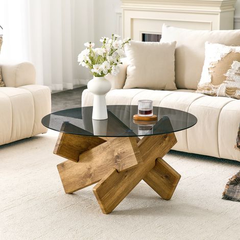 Table basse ronde avec plateau en verre trempé, structure géométrique, MDF aspect bois - bois (1/5)