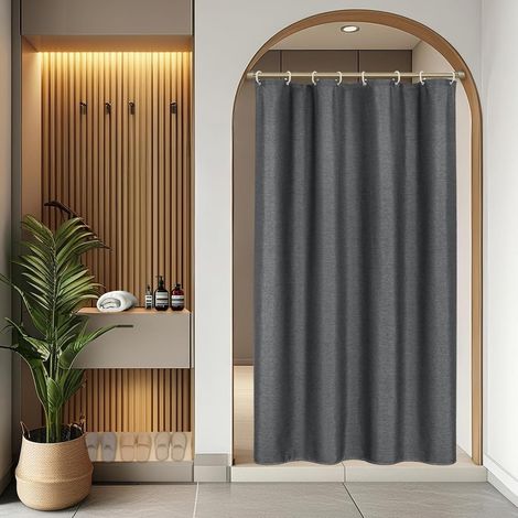 Rideau de douche en lin texturé 120 x 200 cm imperméable anti-moisissure en tissu textile, gris foncé lourd étroit de luxe pour hôtel lavable avec 8 anneaux (1/5)