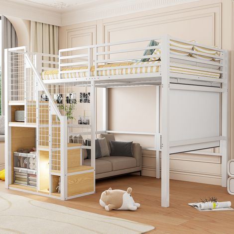 Letto a soppalco 140x200 cm bianco, MDF e metallo con scala e guardaroba (1/5)