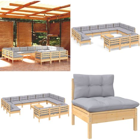 14-tlg. Garten-Lounge-Set mit Grauen Kissen Kiefernholz - Garten-Lounge-Set - Garten-Lounge-Sets - Home & Living (1/5)