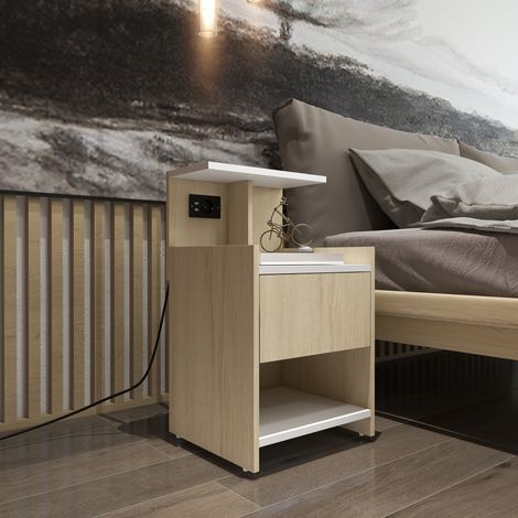 Table de chevet moderne avec 2 prises, 2 ports USB et tiroir en panneau de particules, 40x40x60 cm, couleur bois (1/5)