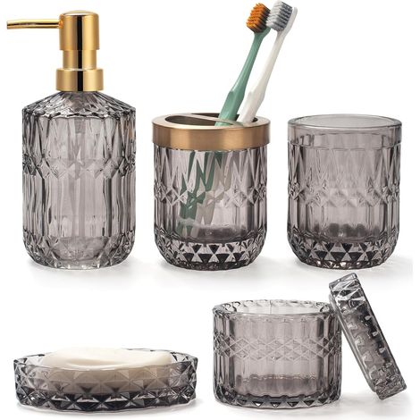 Lot de 5 Accessoires de Salle de Bain en Verre Gris avec Distributeur de Lotion, Porte Savon, Porte Brosse à Dents, Gobelet, Pots de Cotons-Tiges, Décoration de Bain Moderne (1/5)