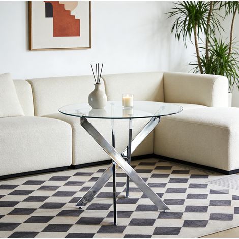 Table à manger ronde en verre trempé 80 x 80 x 75 cm, pieds métalliques croisés argentés HAVRYA (1/5)