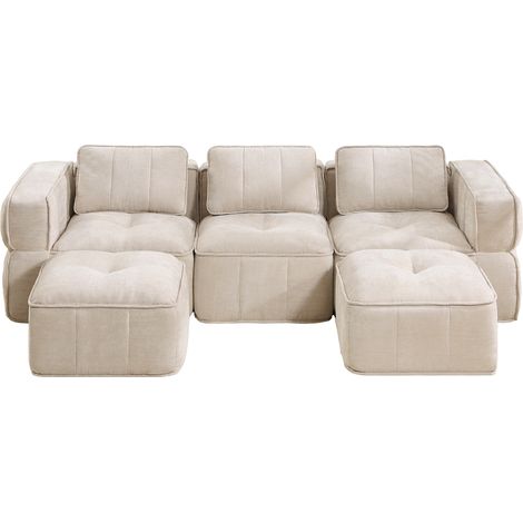 Divano modulare U 3 posti con 2 pouf, tessuto in poliestere beige, senza montaggio (1/5)