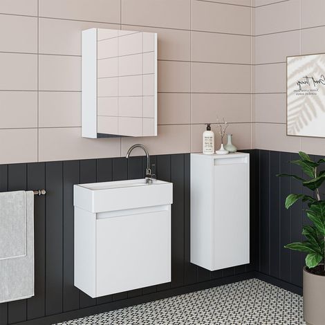 Mini Bathroom Furniture Set with Basin, Mirror Cabinet and Tall Storage Unit, White (1/5)