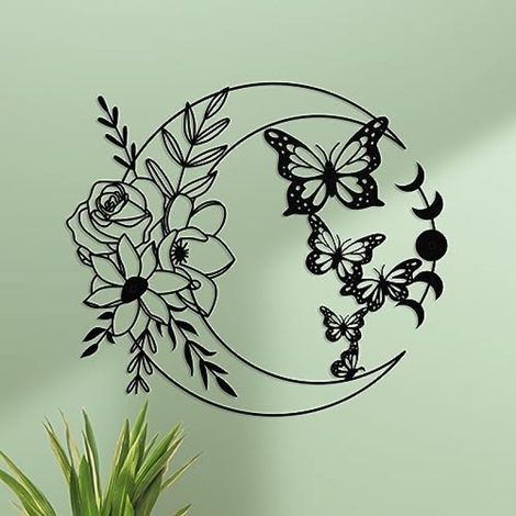 Décoration murale bohème en métal Lune et Papillon (Convient à l'intérieur : salon, cuisine, chambre, couloir, ainsi qu'à l'extérieur : cour, jardin, clôture) – Noir (1/5)