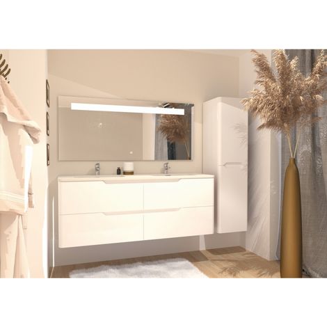 Sanitaire – Meuble double vasque blanc brillant 140cm – Plan vasque en résine synthétique – 4 tiroirs avec fermeture amortie – Ensemble de salle de bain (1/3)