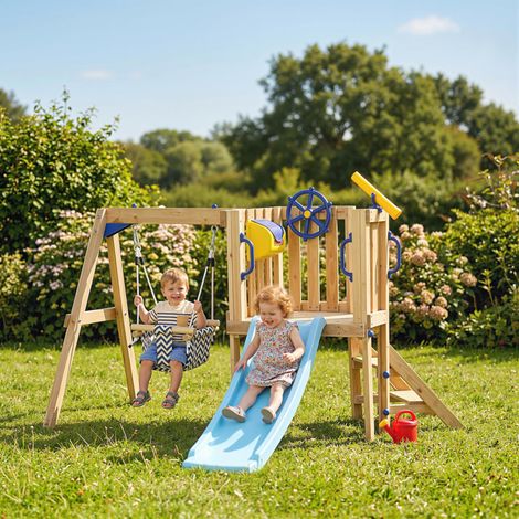 Balançoire et toboggan d'extérieur en bois naturel pour enfants de 18 à 48 mois, avec volant télescopique - Bois naturel