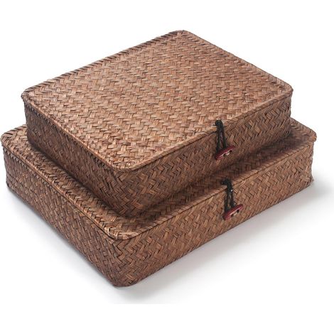 Paniers pour étagères Rectangulaires avec Couvercle Rotin Panier de Rangement en Jonc De Mer 2 Pièces Café (Grand + Petit)