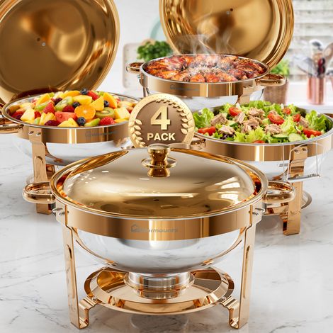4 Pack 4,7L Rose Gold Chafing Dishes 5QT for Buffet , Stainless Steel Round Chafers and Buffet Warmers Sets with Lid Holder, Stackable Design, for Catering, Parties, Weddings