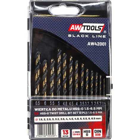 HSS M2 Awtools premium set punte per metallo, set de 13 pezzi (1,5 - 6,5 mm), alta precisione e resistenza per la foratura professionale di acciaio e metalli duri.