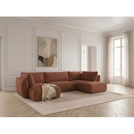 BOBOCHIC - Canapé d'angle panoramique convertible ESMEE tissu chenille Angle gauche Orange (1/5)
