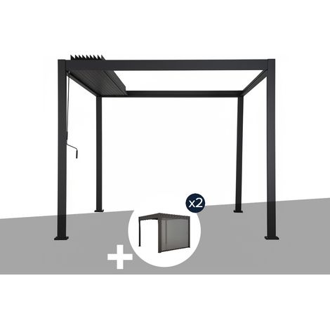 Pergola bioclimatique toit rétractable Evora Graphite - 4 x 3 m + 2 stores 4 m - Hespéride