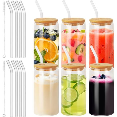 Verre Canette - 6 Pièces - Verre et Bambou - 500 ml - Avec Couvercle et Paille - Pour Café Glacé et Cocktail (1/5)