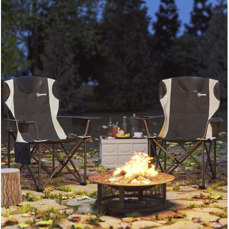 Lot de 2 chaises de camping pliantes avec accoudoirs réglables, porte-gobelet, appuie-tête, sac isotherme et poche, en tissu robuste, noires  CHICFURN (1/5)