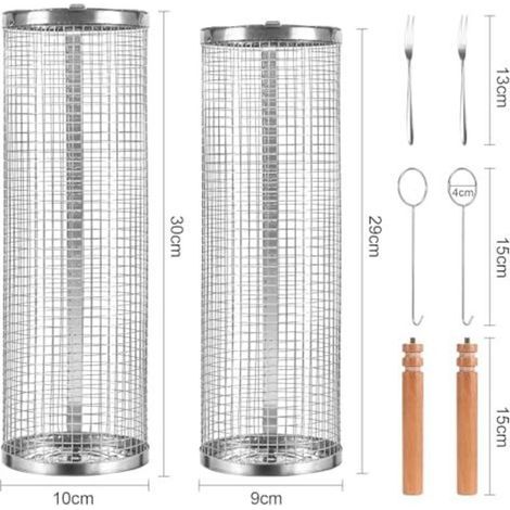 Paquet de 2 paniers de gril cylindriques, panier de gril roulant en acier inoxydable, panier de gril enroulable portable avec poignée en bois pour accessoires de gril de camping en pl (1/4)