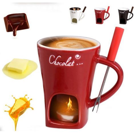 1 Set à fondue individuel, coupelle en céramique, fourchette de service, revêtement antiadhésif, pour chocolat et fromage (1/5)