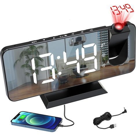Projecteur avec Radio, Horloge Numérique, Radio Reveil USB avec Double Alarme et Écran Miroir LED de 7, Snooze, 4 Niveaux de Luminosité, 12/24h, 15 Volume, pour La Maison, Le Bureau (1/5)