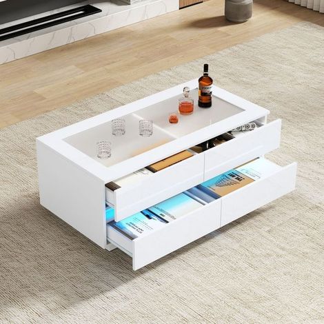 Table basse avec rangement 100 x 50 x 40 cm éclairage led table de salon à 4 tiroirs plateau en verre trempé façades brillantes (1/5)