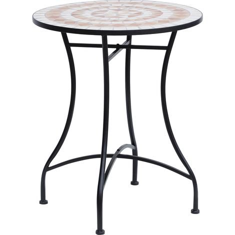 Table de jardin ronde en mosaïque, Ø60 cm, table d'appoint pour balcon ou terrasse, en acier et céramique orange et blanche, hauteur 71 cm. (1/5)