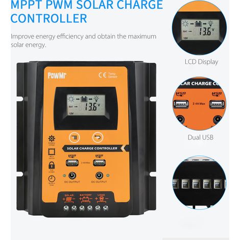 Régulateur de Charge Solaire PWM 30A pour Panneau Solaire 12V/24V IP32 Contrôleur de Batterie PV Minuterie Écran LCD Double USB Protection Surcharge (1/3)