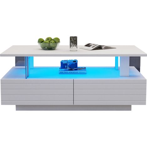 CHICFURN Mesa de centro LED blanca 100 x 50 x 42,5 cm con almacenaje y Bluetooth (1/5)
