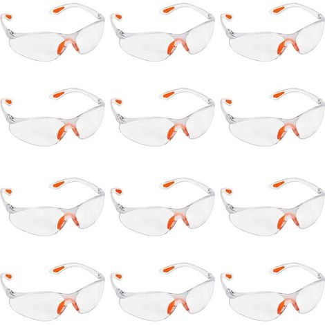 12er-Packung transparente Schutzbrillen – Schutzbrillen mit Kunststoffgläsern, Nasensteg und Bügelenden aus Gummi für mehr Komfort – transparente PSA-Schutzbrillen