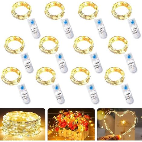 guirlandes lumineuses à LED avec minuteur, 2 m, LED, batterie en cuivre, étanche, guirlande lumineuse féerique, guirlande lumineuse en fil de cuivre pour fête, décoration de Noël (1/5)