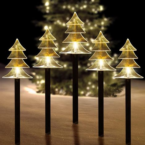 Lot de 5 lampes solaires de Noël pour allée, imperméables, décorations de Noël sur piquet, lumières LED pour cour, pelouse, patio, allée (5 pièces, blanc chaud, arbre) (1/5)