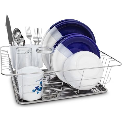 Relaxdays Draining Rack Stainless Steel With Drip Tray & Cutlery Compartment 40.5 x 30.5 x 13 cm For Plates, Cutlery, Glasses, Crockery Dish Rack, Metallic