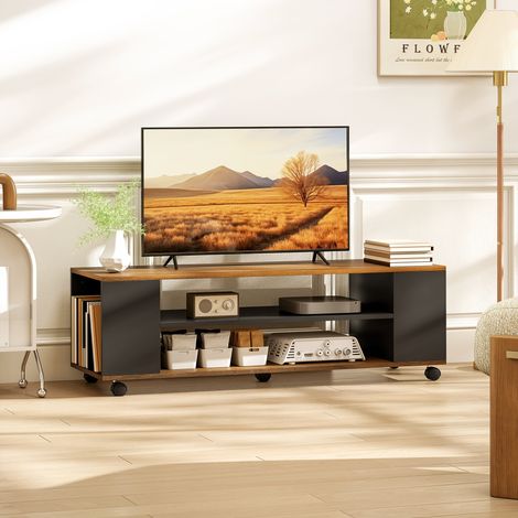 Meuble TV convertible (flottant ou sur pieds à roulettes) : 4 étagères, pour téléviseur jusqu’à 55 pouces, 120x40x38,5 cm, noyer et noir (1/5)