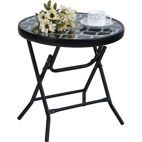 Table d'appoint, Ronde, Pliable, en Verre et métal, Petite Table de Balcon, résistante aux intempéries, Facile à Entretenir, pour Balcon, Jardin, terrasse, Salon (1/5)