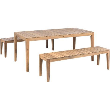 Conjunto de comedor rústico para jardín de madera de acacia certificada con mesa y 2 bancos marrón claro Chioggia (1/5)