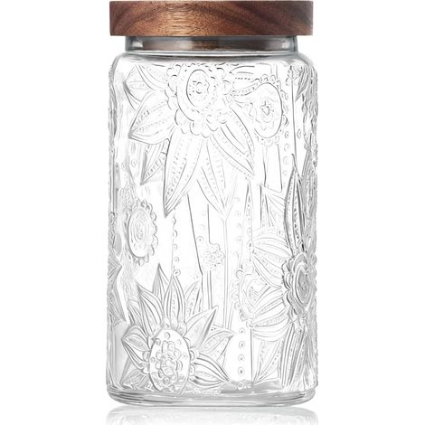 Bocal en verre vintage avec couvercle en bois – Boîtes hermétiques pour comptoir de cuisine, salle de bain, rangement de bonbons, biscuits, café, apothicaire, sucre, farine, friandises (1/5)