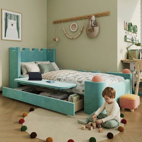 Lit Rangement Enfant - SOGEU - Château - 90x200 cm - Velours vert menthe - Grand tiroir, bureau intégré (1/5)