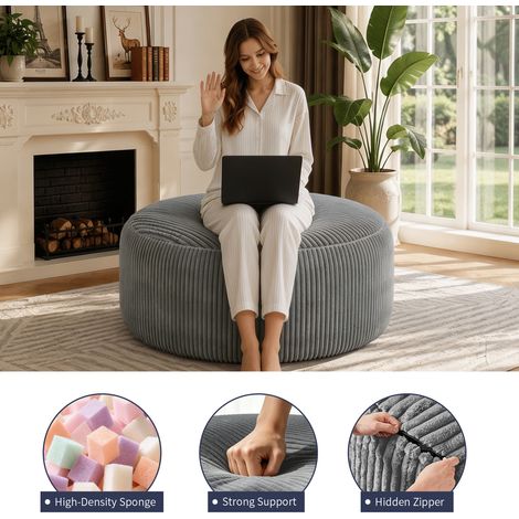 Fauteuil bean bag rond 100x100x50 cm en tissu gris clair, assise souple pour salon – MEUBLIV (1/5)