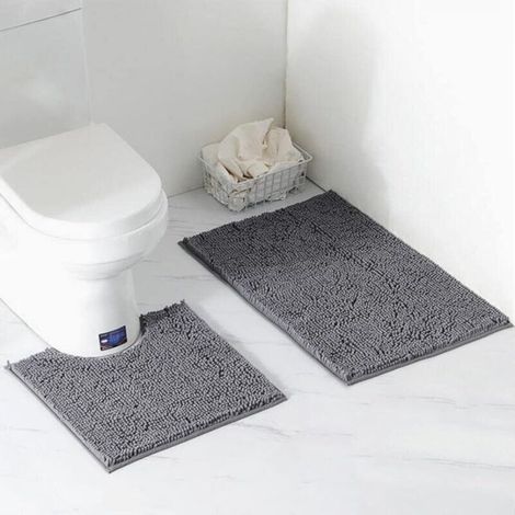 2-Piece Bath Mat Set, Pedestal Set, Non-Slip Bathroom Mat, Water Absorbent, Bathtub Mat, U-Shaped Toilet Pedestal Mat, Rug (Grey) (1/5)